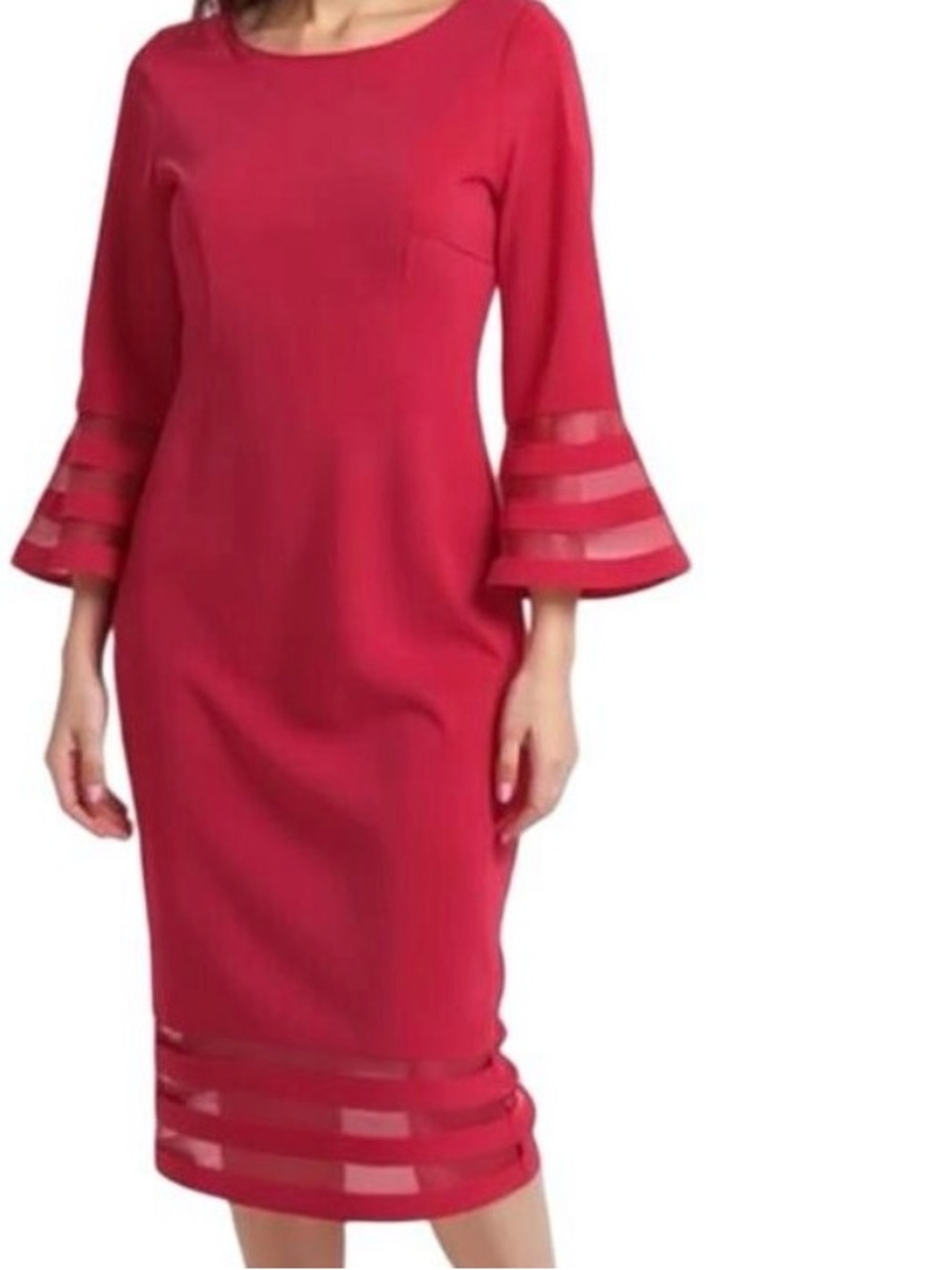 Calvin Klein Red Bell Sleeve Dress with Mesh Detail Size 6